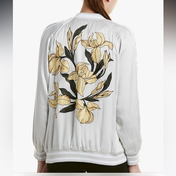 Equipment Bomber Jacket Womens  Sz XS Silk  Light Gray Back Embroidered NWT - Picture 1 of 16